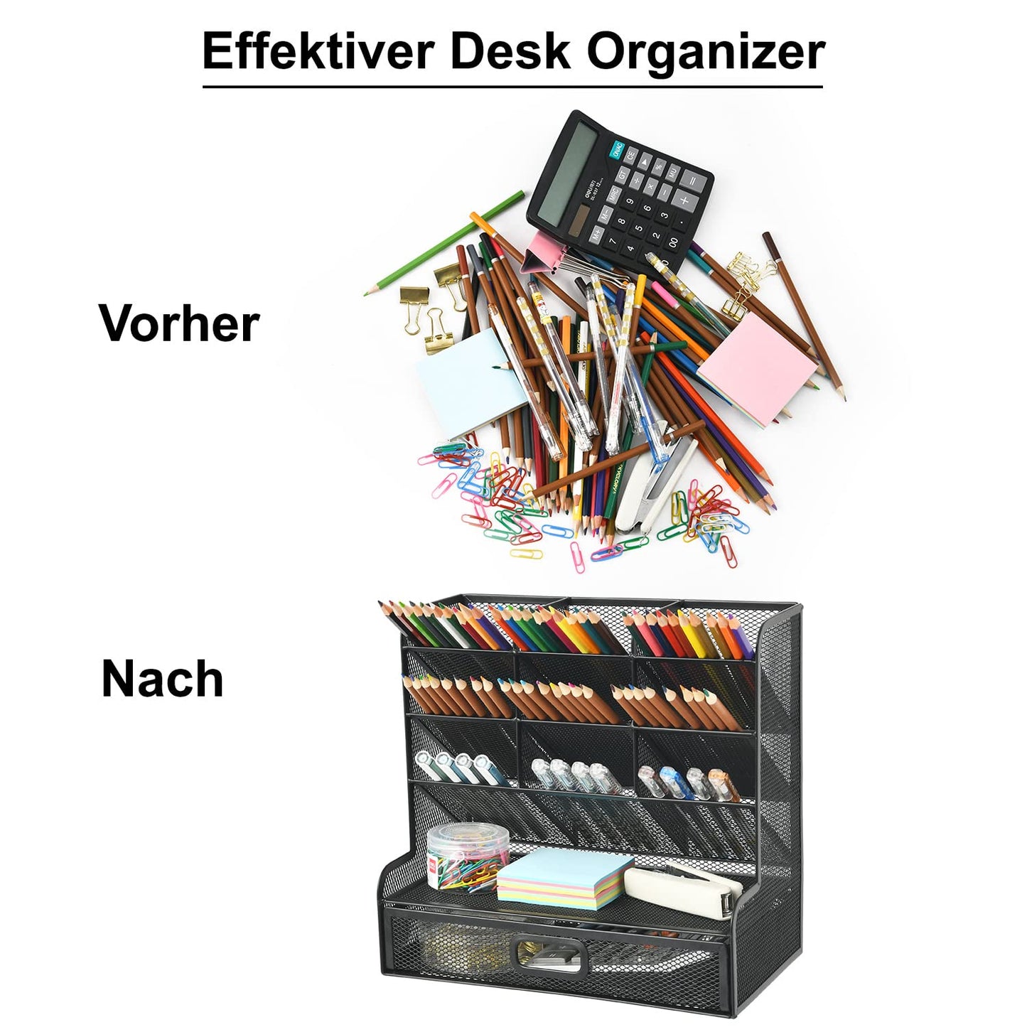 Marbrasse Mesh Desk Organizer, Multifunctional Pen Holder, Desk Organizer, Storage Shelf for School and Home Office Supplies (Black with Drawer)
