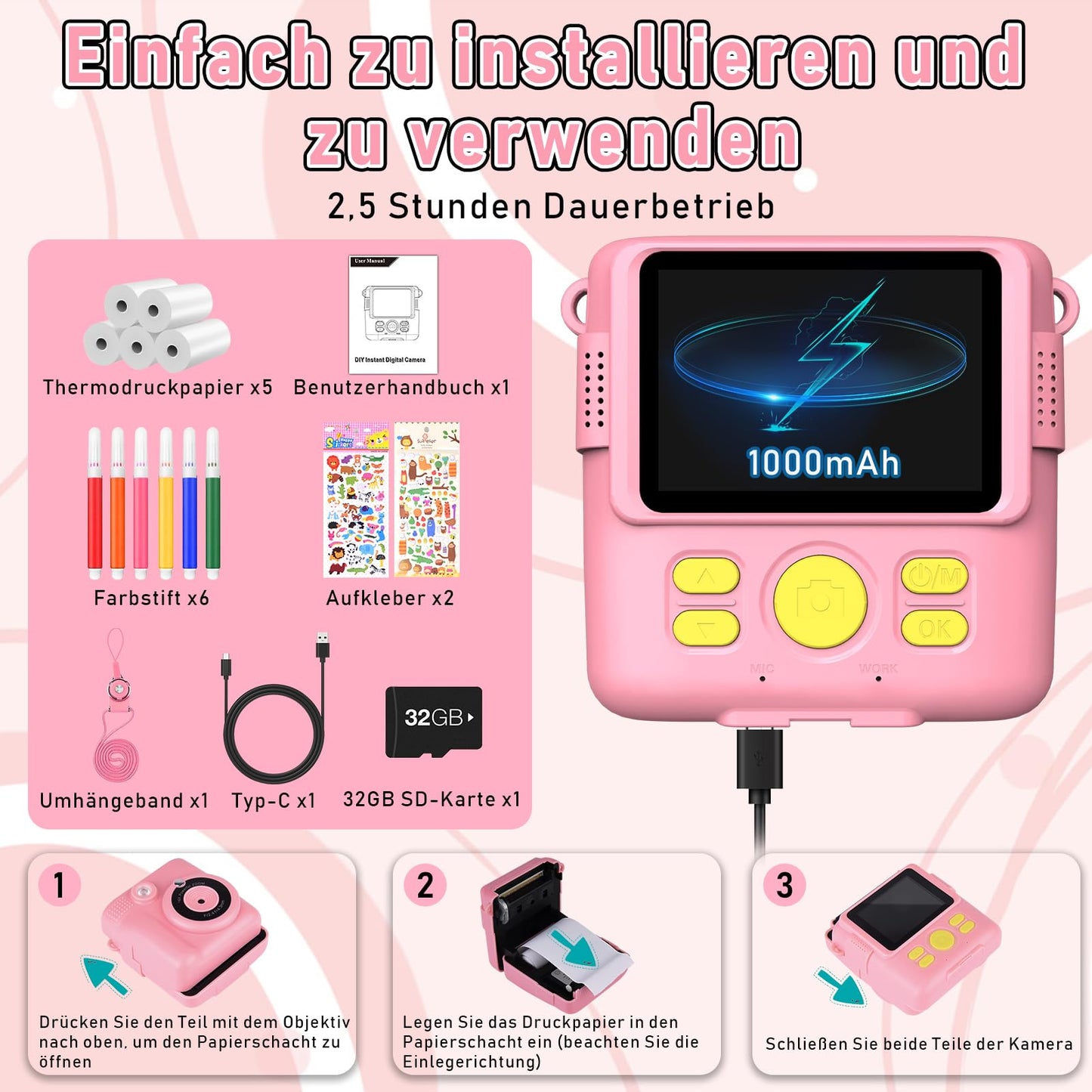MILFECH Kids Camera Instant Camera, 1080P 2.4 Inch Screen Digital Camera for Kids with 5 rolls of printing paper, 32GB card, camera with 6 colored pens, 2 stickers. Perfect gift for kids (Pink)