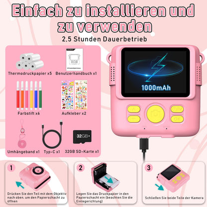 MILFECH Kids Camera Instant Camera, 1080P 2.4 Inch Screen Digital Camera for Kids with 5 rolls of printing paper, 32GB card, camera with 6 colored pens, 2 stickers. Perfect gift for kids (Pink)