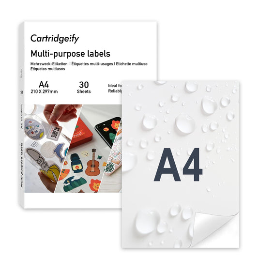 Cartridgeify 30 sheets A4 vinyl sticker paper, printable sticker film, white, self-adhesive waterproof sticker label, vinyl sticker for inkjet printer laser printer