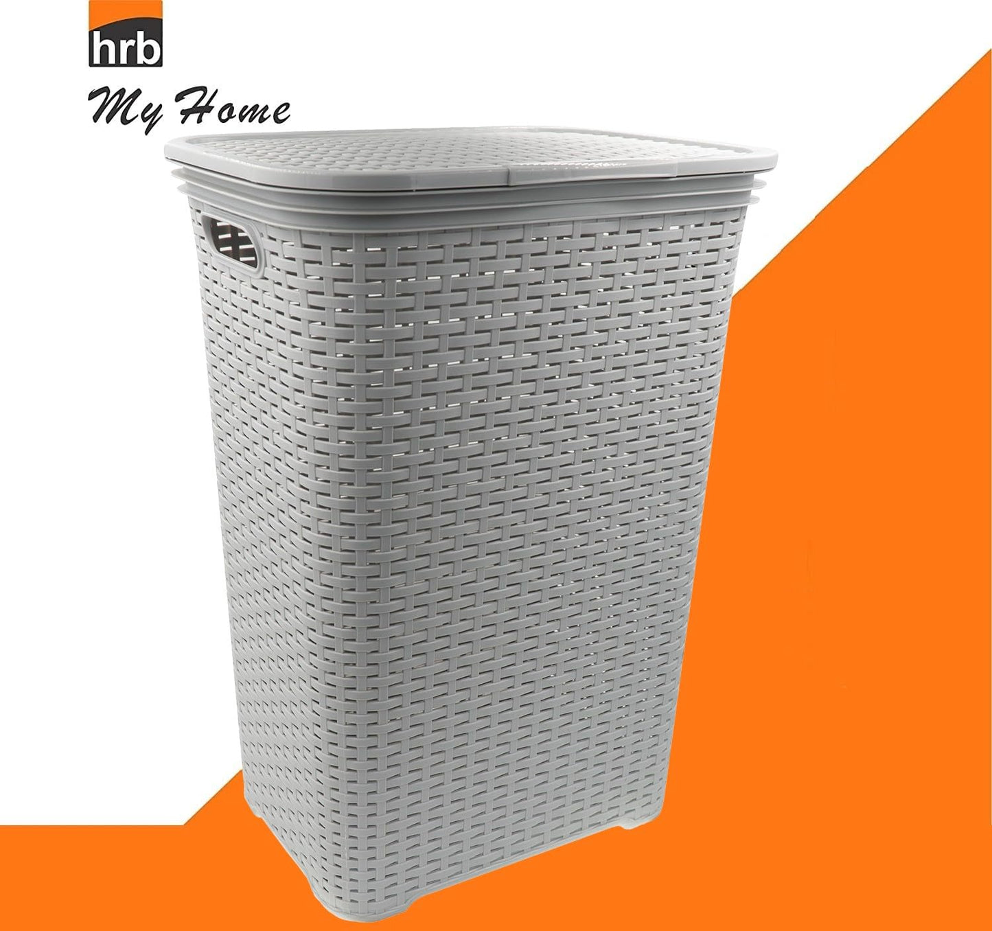 HRB laundry basket with lid made of 65 liters of rattan, plastic laundry storage, laundry sorter (gray)