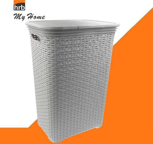 HRB laundry basket with lid made of 65 liters of rattan, plastic laundry storage, laundry sorter (gray)