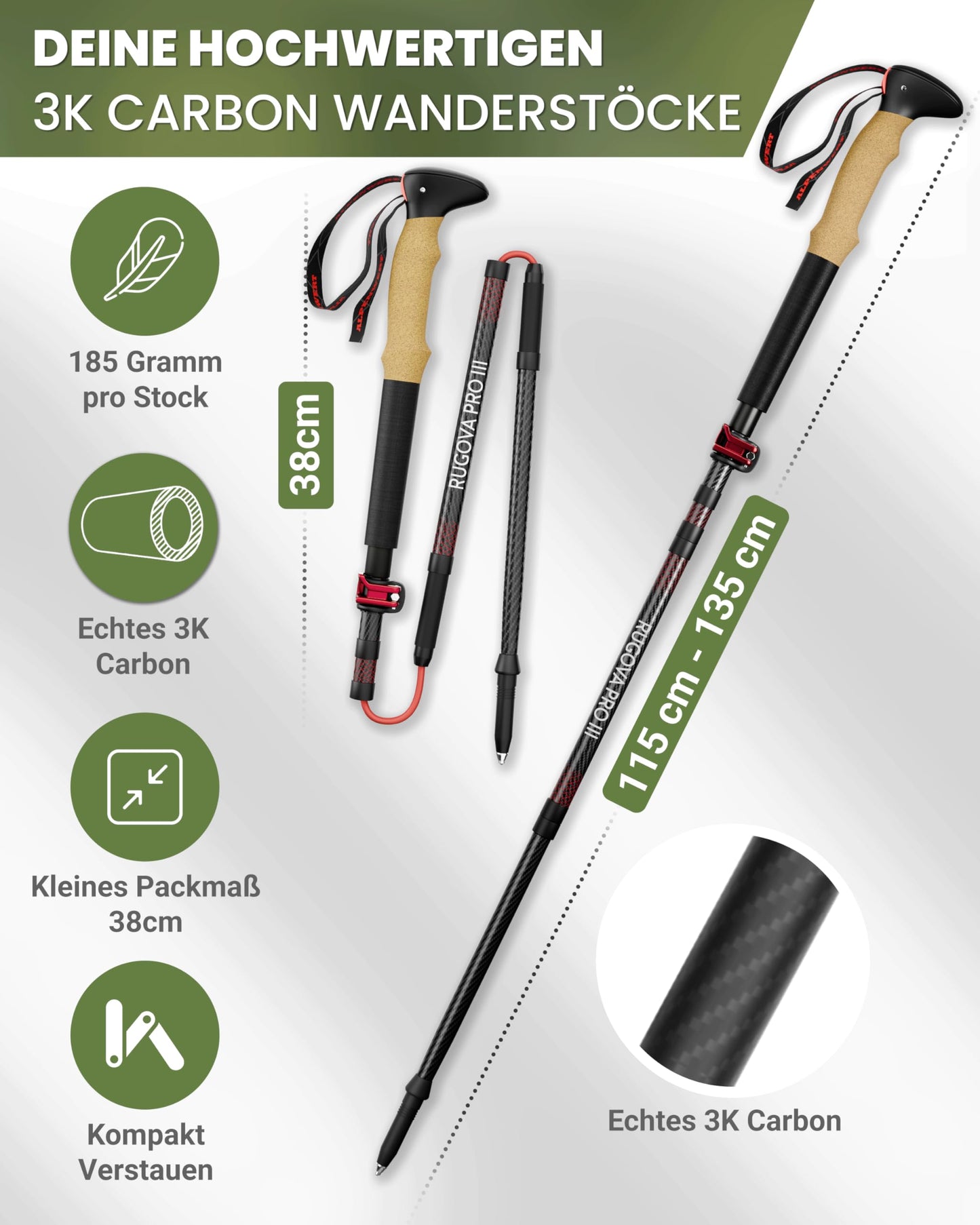 ALPENWERT - Hiking Poles [Carbon & Aluminium] Walking poles for women and men - Telescopic trekking poles with cork grip for hiking, Nordic walking, and ski tours (ultralight carbon)