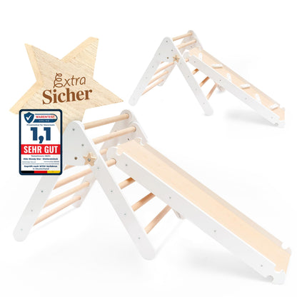 Kids Woody Star® climbing triangle with slide/climbing ladder 2in1 set [EXTRA SAFE] indoor climbing frame from 1 year | Pikler triangle climbing arch | Montessori toy | Foldable