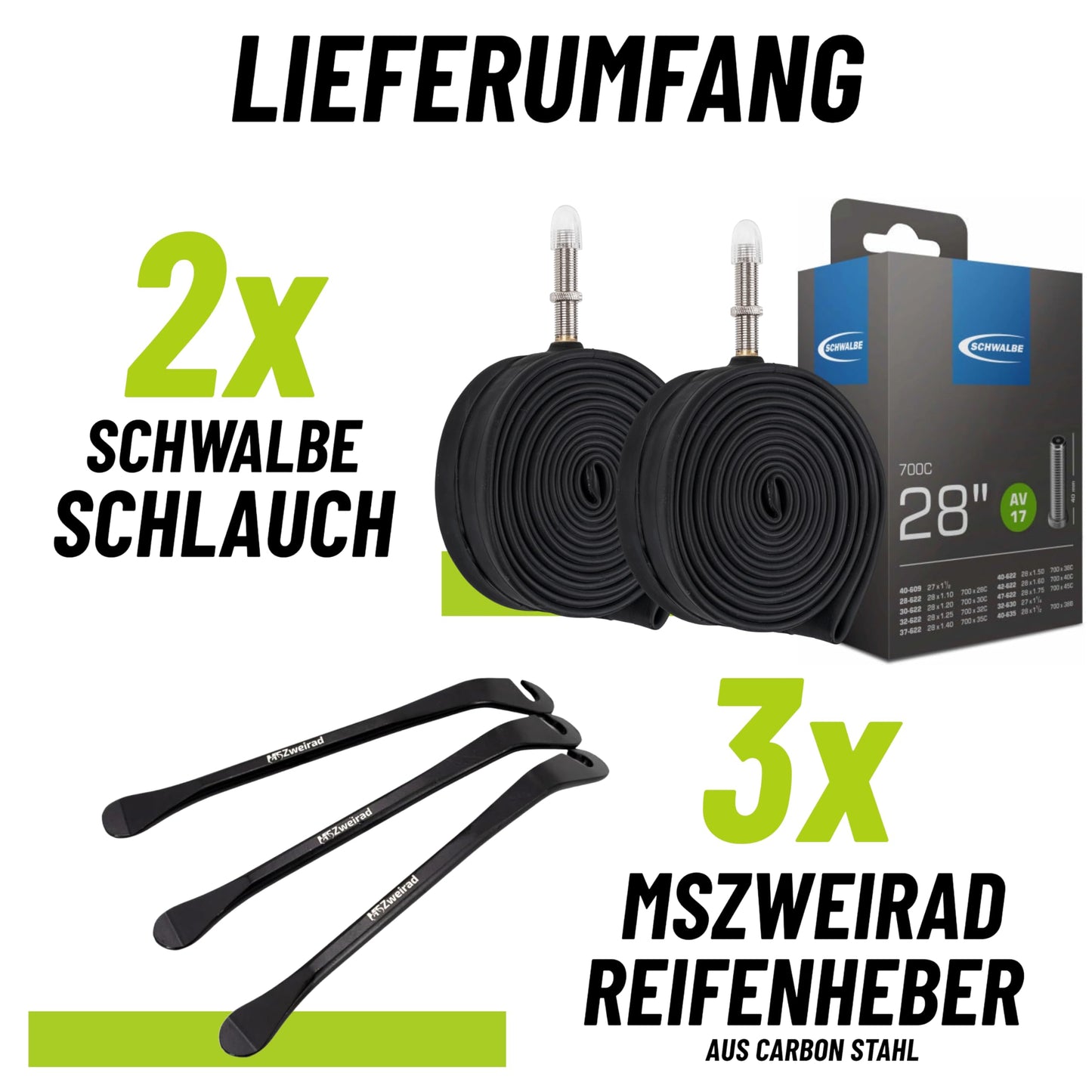 2-pack Schwalbe bike tube AV17 40mm 28 inch (28/47-622/635) including 3 MSZweirad tire levers