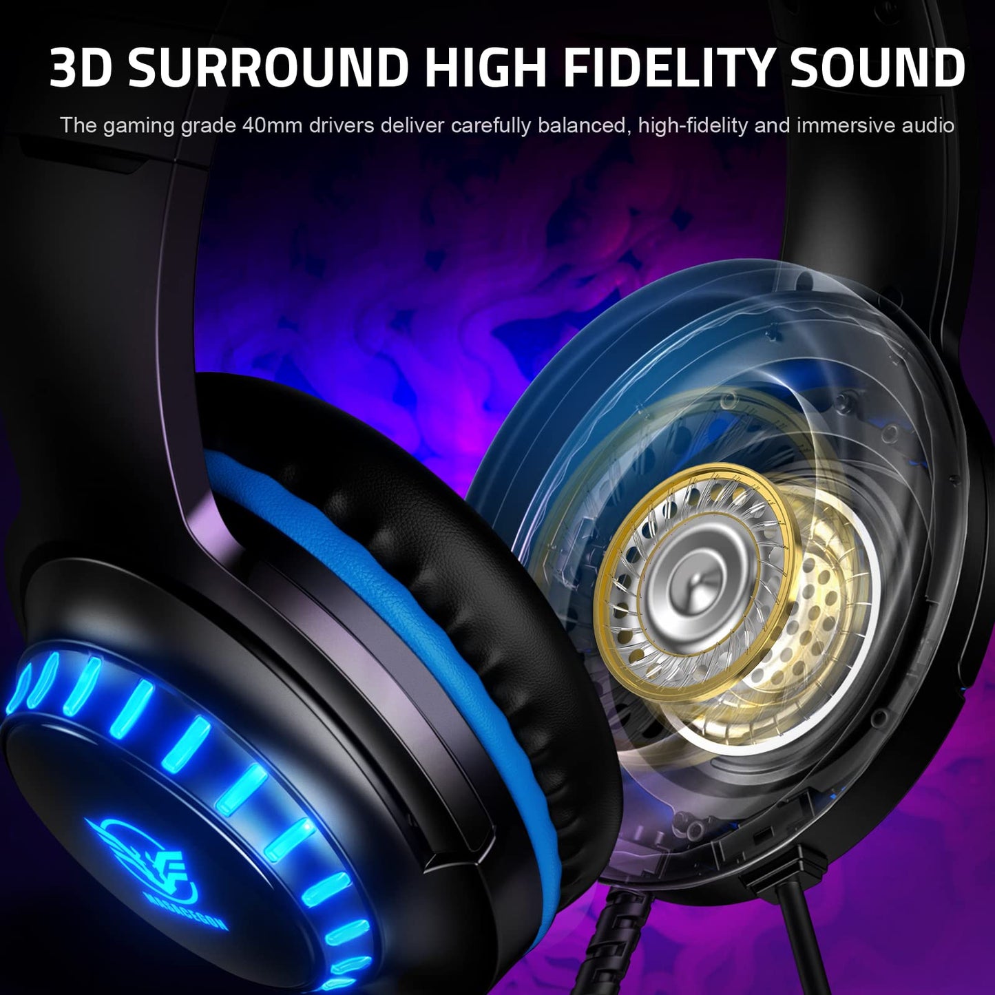 Pacrate Gaming Headset for PS4/PS5/Xbox One/PC/Nintendo Switch, PS4 headphones with cable Xbox headset with microphone, Noise Cancelling PS5 headset with LED lights - Blue
