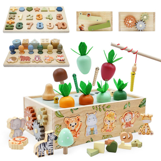 Montessori toy for 1 year and up, wooden activity cube with 9 functions, safari themed motor skills toy for 1, 2, and 3 year olds. Perfect gift for baby girls and boys aged 1-4 years.
