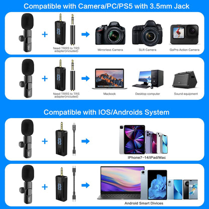 OSA Lavalier Microphone, Wireless Mini Microphone for Camera/Computer/Laptop/MacBook/Phone with Power Display, Dual wireless lavalier microphone with built-in noise reduction chip.