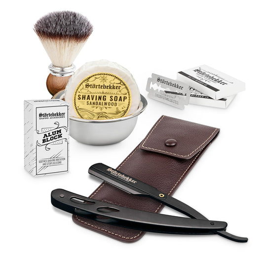 Störtebekker® Premium Straight Razor Set Black in handcrafted leather case (Café) - with shaving brush, shaving bowl, shaving soap, alum stone, and razor blades - high-quality wet razor shaving set