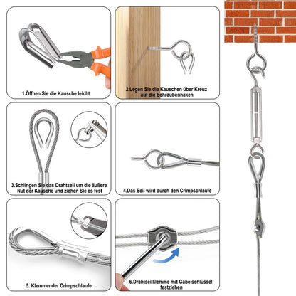 Philtool 73Pcs Wire Rope Kit, 36M Stainless Steel Wire Rope 3mm, 304 Steel Rope Encased with Eyelets Wire Rope Set for Fences, Outdoor Lights, Clothesline, Curtain Wire