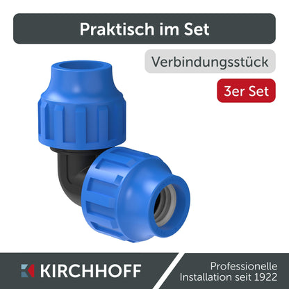 Kirchhoff Fitting Connection Angle 90° | Plastic | 25 x 25 mm | for HDPE pipe | 3 pieces in a set | Various sizes | DVGW certified | Drinking water quality | Made in EU, Black, 25 mm, 984845217-3