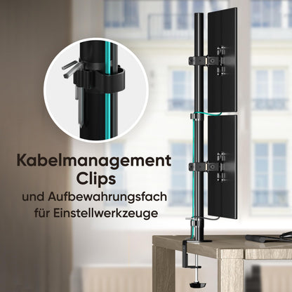 ONKRON dual monitor mount for 13-34 inch screens up to 8 kg per arm, VESA 75x75-100x100, adjustable stand for two monitors stacked vertically, black D208E-B.