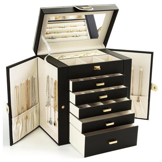 KAMIER 6-tier jewelry box made of high-quality natural wood with luxurious flannel and large mirror - Spacious jewelry case with side-opening doors for rings, earrings, & bracelets, Black