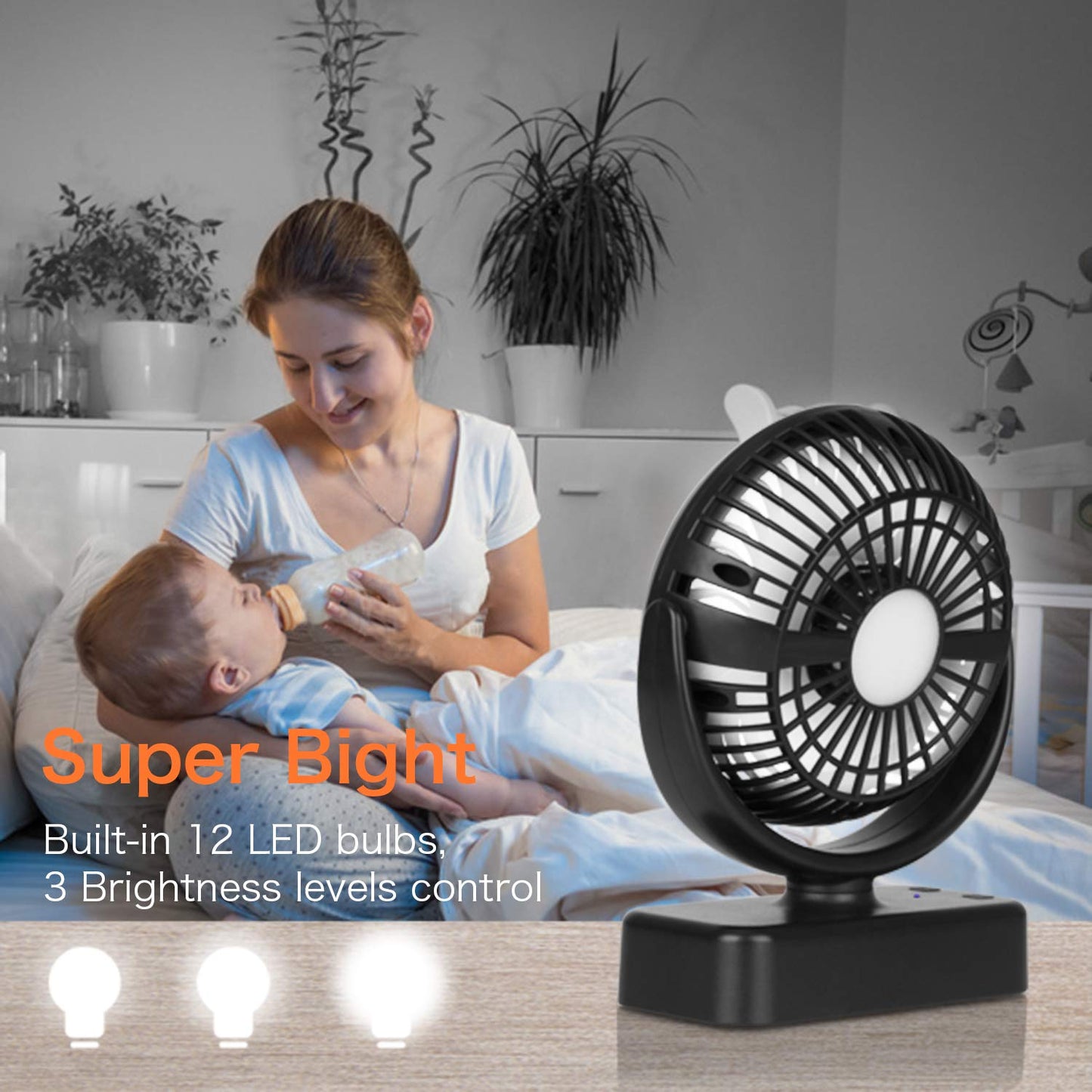 Portable camping fan Hanging fan with LED light, 40 hours operating time Rechargeable tabletop fan with hanging hook for tent RV survival gear office study room