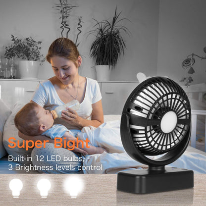 Portable camping fan Hanging fan with LED light, 40 hours operating time Rechargeable tabletop fan with hanging hook for tent RV survival gear office study room