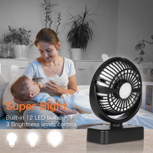 Portable camping fan Hanging fan with LED light, 40 hours operating time Rechargeable tabletop fan with hanging hook for tent RV survival gear office study room