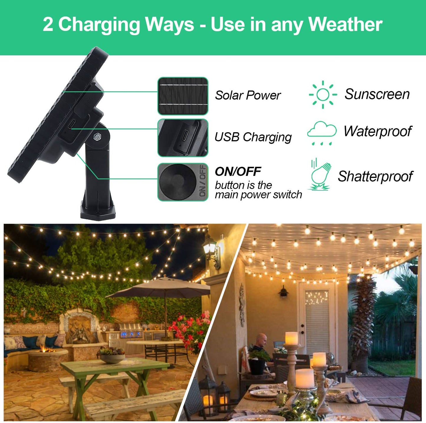 GHUSTAR Solar String Lights Outdoor Bulbs - 15M Outdoor Solar String Lights Weatherproof with 25+2 G40 LED IP65 Waterproof 4 Modes Outdoor Solar String Lights for Balcony Garden Wedding Decor Camping