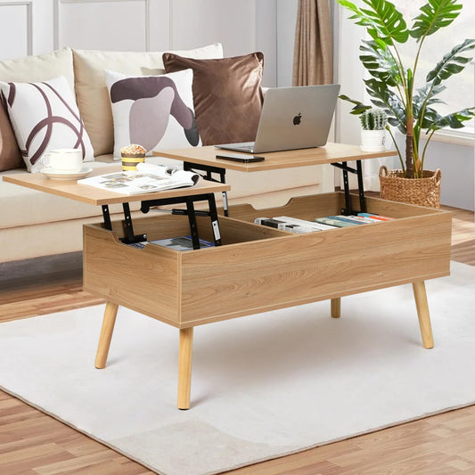 VOWNER coffee table, height adjustable, extendable, retractable living room table, separate hidden storage compartment, double lifting plate, wood color.