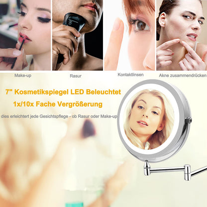 AUPERTO LED Lighted Makeup Mirror - Wall-mounted makeup mirror with 1x/10x magnification, touch button adjustable light, 360° swivel wall mount, and USB rechargeable for bathroom.