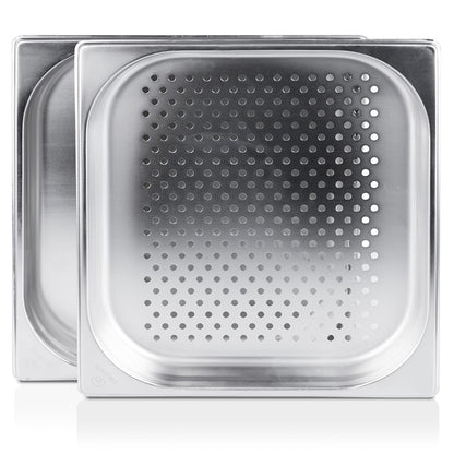 jokobela 2-piece GN container set :: 1x perforated / 1x non-perforated :: suitable for Gaggenau, Miele, and Siemens steam ovens (stainless steel, dishwasher safe, GN 2/3, W 32.5 x L 35.4 x 40mm deep)