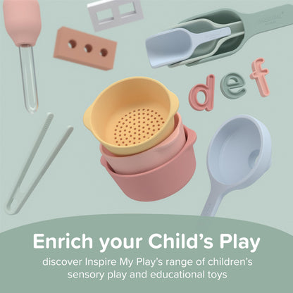 Inspire My Play - 3 x Nature Stackable Silicone Bowls and Sieve - Perfect accessory for Sensory Play Tray - Accessories for Tuff Tray - Toys for Early Development & Activity Play.