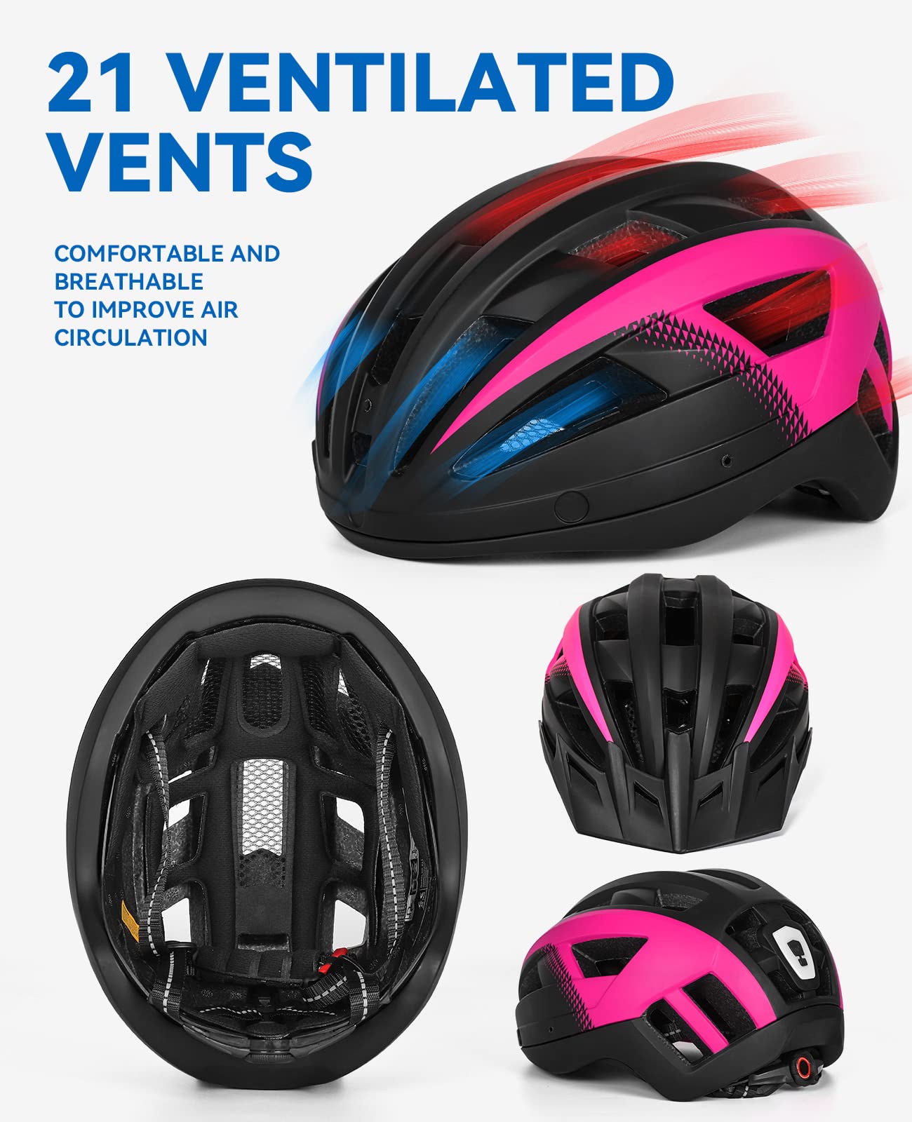 FUNWICT Bike Helmet with Visor for Men Women, Lightweight Bike Helmet with Magnetic Goggles and USB Charging LED Light, Stylish Mountain Bike Helmet (L: 57-61 cm, Black Pink)