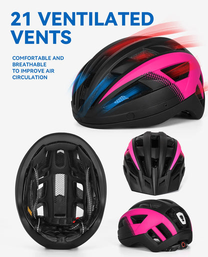FUNWICT Bike Helmet with Visor for Men Women, Lightweight Bike Helmet with Magnetic Goggles and USB Charging LED Light, Stylish Mountain Bike Helmet (L: 57-61 cm, Black Pink)