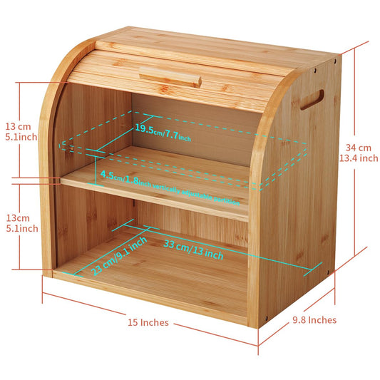 G.a HOMEFAVOR Bamboo Bread Box 2-Tier Bread Holder Roll-Top Bread Storage with Removable Layer, Self-assembly, 38x25x34cm