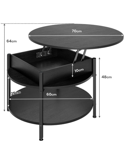 Round coffee table with lift top, height-adjustable coffee table, side table, living room table with hidden storage, open compartment, metal frame, for living room, office, 70 x 70 x 50 cm, Black