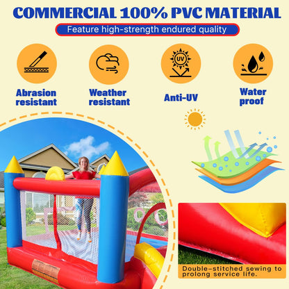 Ballsea PVC Inflatable Bounce House with blower, trampoline, slide, safety net. Made of PVC, suitable for home, outdoor, kindergarten, or commercial use. Size: 365 * 283 * 195cm.