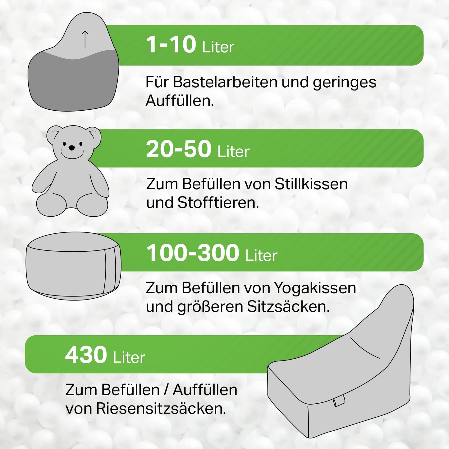 Green Bean 200 liters High-quality EPS beads from German production for bean bag filling | Styrofoam bead refill pack for cushion filling, nursing pillows, bean bags