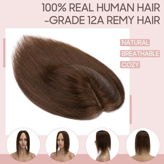 Silk-co Hair Topper made of real hair, 10x12cm base for women, hair topper with Remy silk base, clip-in hairpiece extensions, 45cm04# medium brown.