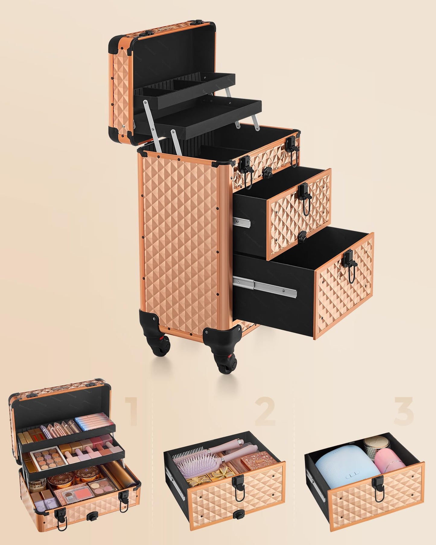 SONGMICS Cosmetic Bag Trolley, Makeup Case with 2 Drawers, Large Hairdresser Case, Makeup Case, 34 x 24 x 56 cm, 360° Rotating Wheels, Travel, Hairdressers, Gift Idea, Champagne Gold JHZ008A01
