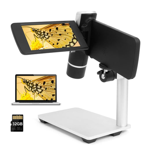 Andonstar AD203 Portable Handheld Digital Microscope, Pocket Microscope with 4-inch screen for kids and adults, Black metal bracket, USB coin microscope, supports PC.