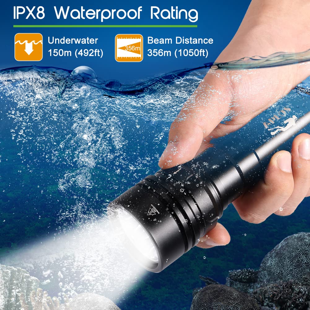 APLOS AP150 15000 lumen diving flashlight, underwater 150m, 4 modes, dive flashlight LED with battery.