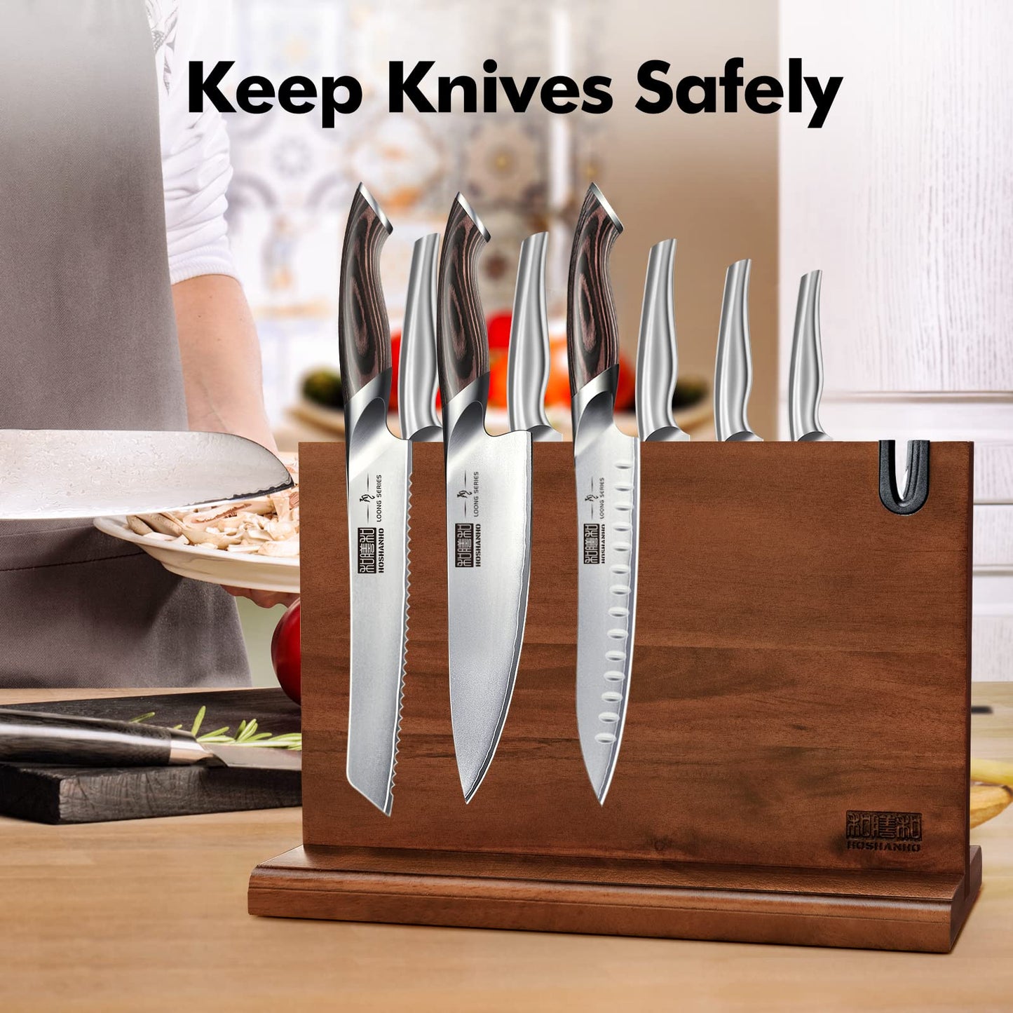 HOSHANHO Magnetic Knife Block with Sharpener, Double-Sided Strong Magnetic Knife Holder, Natural Acacia Wood Magnetic Knife Holder for Kitchen