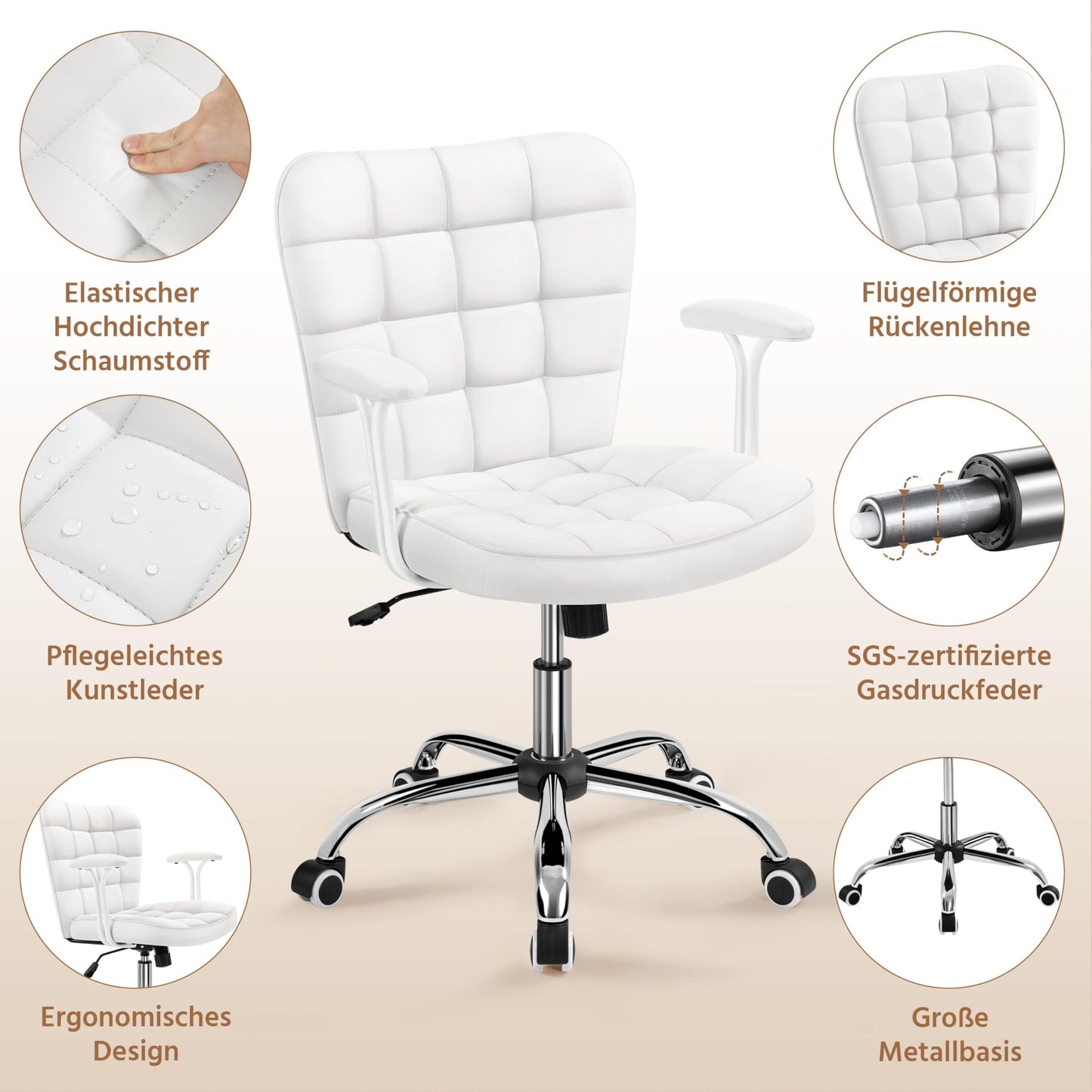 Yaheetech home office chair desk chair office chair work chair made of faux leather, swivel chair with soft armrests, height adjustable padded chair computer chair with wheels, white