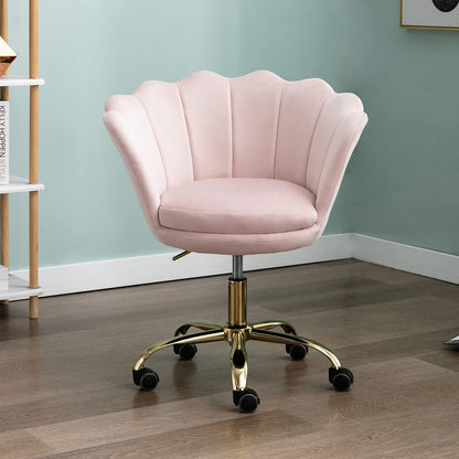 Wahson velvet swivel chair, height-adjustable, armless, with gold base, desk chair for bedroom/vanity, light pink, velvet.