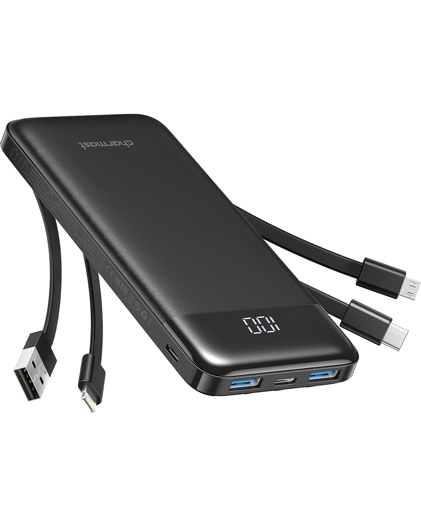 Charmast Powerbank 10000mAh External Battery USB C Power Bank with 4 Built-in Charging Cables Portable Charger LED Display Compact Slim 6 Outputs Compatible with iPhone, Huawei, Samsung Tablet