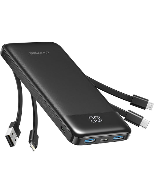 Charmast Powerbank 10000mAh External Battery USB C Power Bank with 4 Built-in Charging Cables Portable Charger LED Display Compact Slim 6 Outputs Compatible with iPhone, Huawei, Samsung Tablet