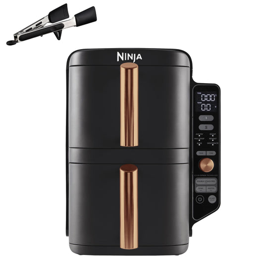 Ninja Double Stack XL Air Fryer, 2 vertical drawers, 4 cooking levels, space-saving design, 9.5L capacity, 6 functions, 8 portions, tongs, Black/Copper SL400EUCP