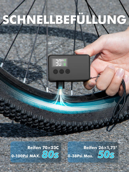 GPUTEK Electric Bike Pump, Bike Accessory 120 PSI cordless bike pump with pressure gauge, auto-off, and LED light. For e-bikes, mountain bikes, city, and road bikes with Presta and Schrader valves.