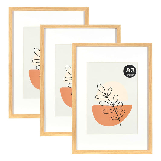 KAIWIN Oak Picture Frame A3 3 Piece Set with Mount 21x30 cm (A4) | Photo Frame with Acrylic Glass for Hanging | For Photos, Posters, Puzzles, Poster Frames