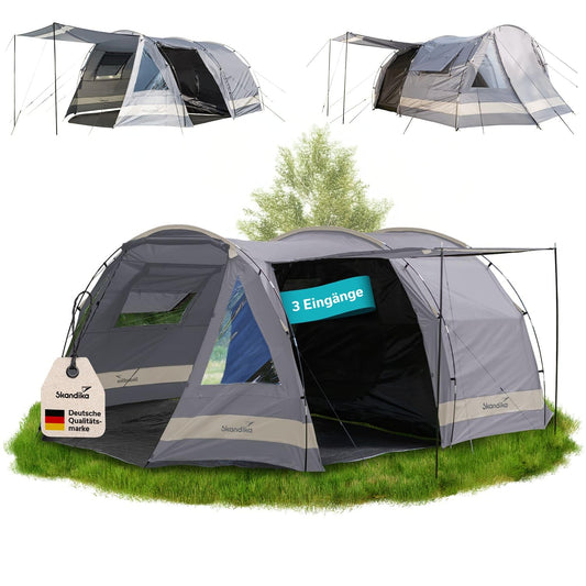 Skandika Kambo tunnel tent for 4 people | tent with sleeping cabin for 4 men, waterproof with 3000mm water column, 3 entrances, sunshade, awning | camping tent in grey/beige