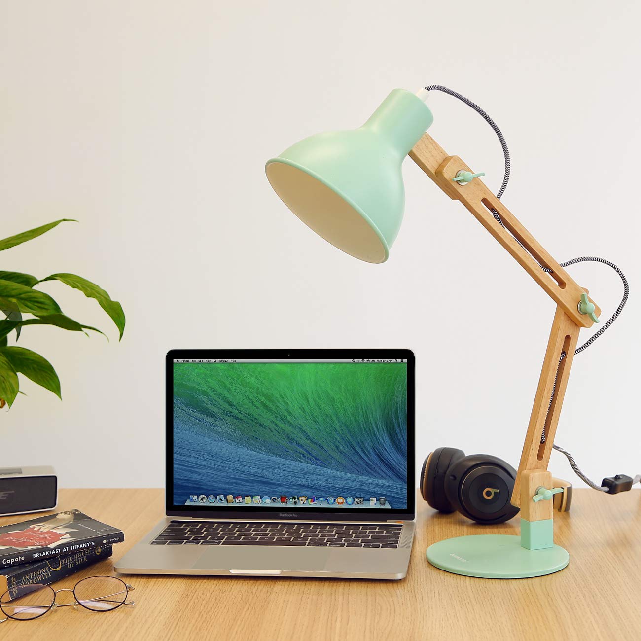 Tomons desk lamp, LED table lamp in classic wood design, bedside lamp, lamp with adjustable arm, table lamp for living room, office, white