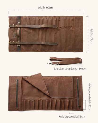 XINZUO knife bag, chef knife case, 12 slots, 16oz waxed canvas and Crazy Horse leather, can hold kitchen tools, portable knife tool bag roll bag (bag only)