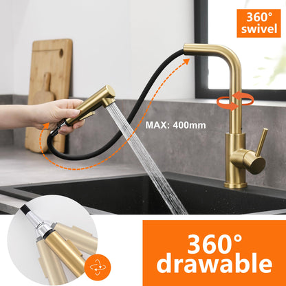 Tohlar Kitchen Faucet Gold, Gold Kitchen Tap with Pull-Out Spray and Magnetic Shower Head Two Spray Modes, High Pressure Kitchen Sink Faucet L-Shaped Brushed Gold Stainless Steel Kitchen Mixer 360° Swivel