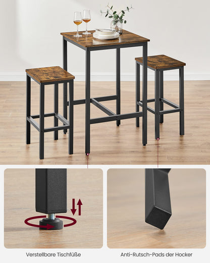 VASAGLE bar table with bar stool set, dining table with 2 chairs, small kitchen table, bar chairs, for dining room, kitchen, vintage brown-ink black LBT017B01