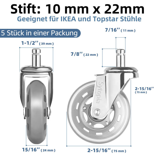 Sytopia office chair wheels 10mm, casters for office chairs 10mm x 22mm, rubber office chair casters 5-piece set for hard floors, parquet, laminate, floor protection mats, only compatible with IKEA office chairs (Silver)