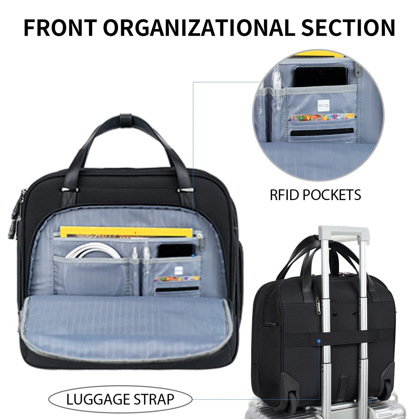 EMPSIGN Trolley Business Rolling Laptop with wheels, Rolling laptop bag for women fits up to 15.6 inch laptop, Rolling briefcase on wheels, Water resistant, with RFID pockets, black